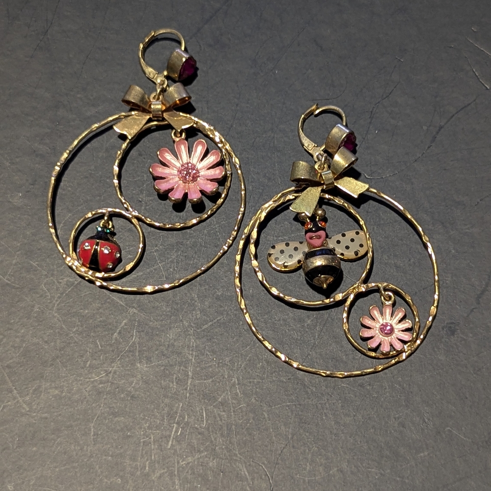 Betsey Johnson Gold Earrings with Pink Floral and Insect Charms